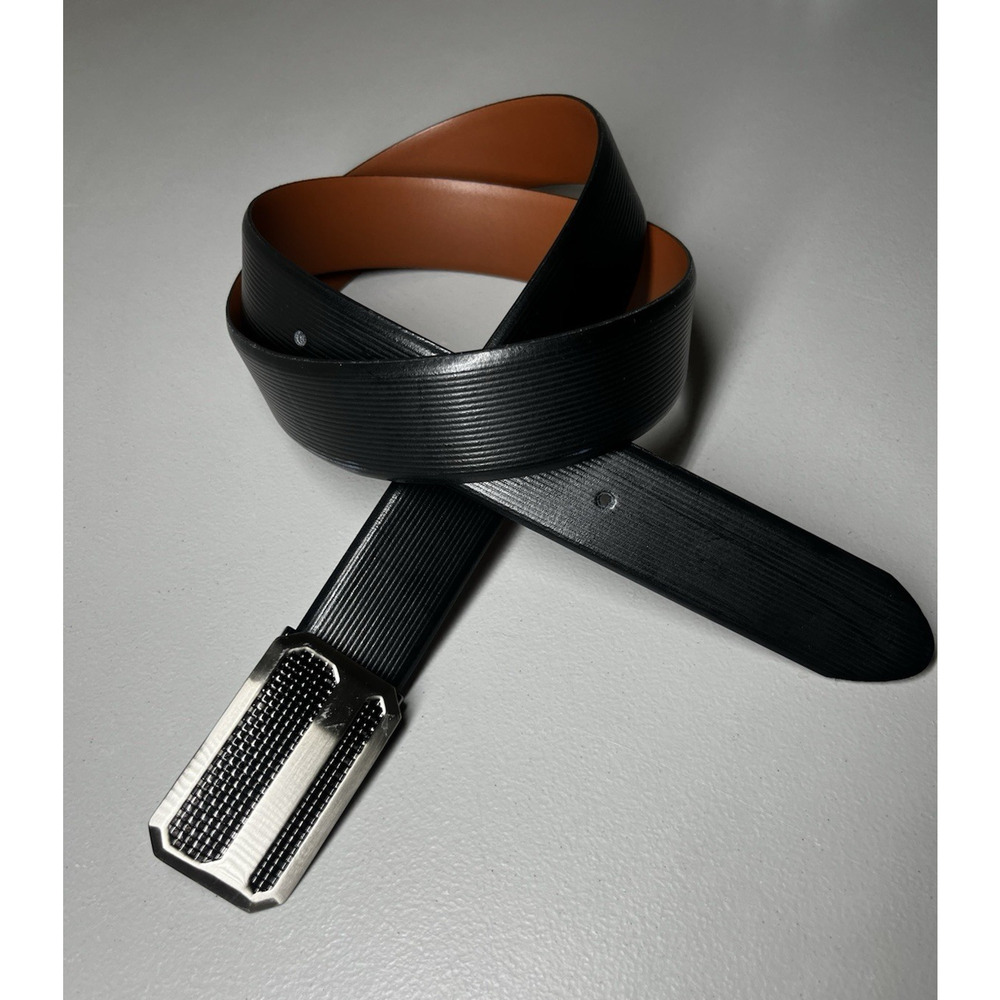 Ribbed Black Handmade Leather Belt Mens 40 Made in Italy Clamp Buckle